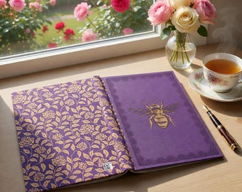 Vintage Purple Bee Hardcover Notebook, Antique Floral Journal, Nature-Inspired Writing Gift