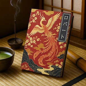 May include: A red journal with a gold phoenix design and Japanese text. The cover features a detailed illustration of a phoenix with outstretched wings, set against a backdrop of gold clouds and cherry blossoms. The journal is on a woven mat.