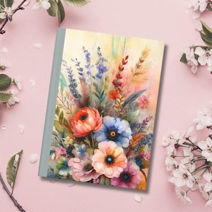 Hardcover Journal Matte, Colourful Vintage Flowers Watercolor Illustration Lined Notebook, Floral Diary Sketchbook, Journal Planner Gift