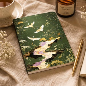 May include: A hardcover journal with a green cover featuring a serene landscape with white cranes in flight, a flowing river, and gold accents. A gold pen and a cup of tea are next to the journal. The candle reads "SLOW MOMENTS QUIET MIND".