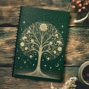 Mystical Art Nouveau Ethereal Tree Illustration Spiral Notebook, Vintage Style Green & Gold, Whimsical Stars Dreamers Gift, Nature Journal