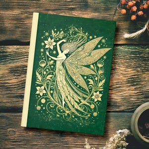 Green Gold Vintage Style Art Nouveau Aesthetic Notebook, Whimsical Floral Ethereal Fairy Stars Planner Diary, Lined Hardcover Journal Gift