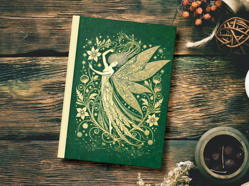 Green Gold Vintage Style Art Nouveau Aesthetic Notebook, Whimsical Floral Ethereal Fairy Stars Planner Diary, Lined Hardcover Journal Gift