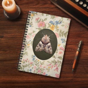 Shabby Chic Moth Spiral Notebook, Whimsical Vintage Style Floral Botanical Lined Journal, Cottagecore Nature Inspired Unique Gift
