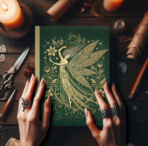 Green Gold Vintage Style Art Nouveau Aesthetic Notebook, Whimsical Floral Ethereal Fairy Stars Planner Diary, Lined Hardcover Journal Gift
