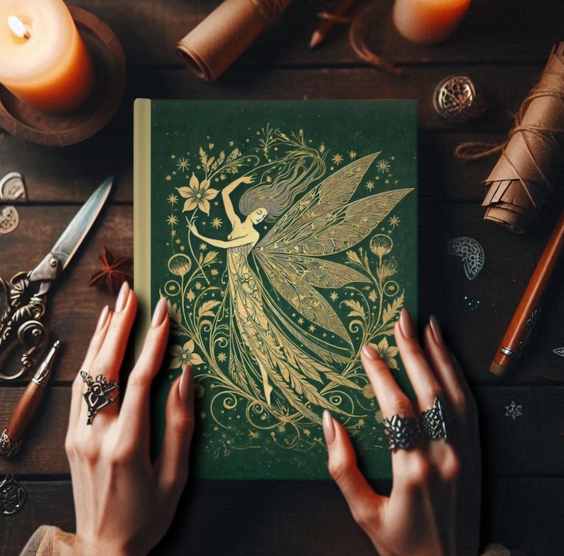 Green Gold Vintage Style Art Nouveau Aesthetic Notebook, Whimsical Floral Ethereal Fairy Stars Planner Diary, Lined Hardcover Journal Gift
