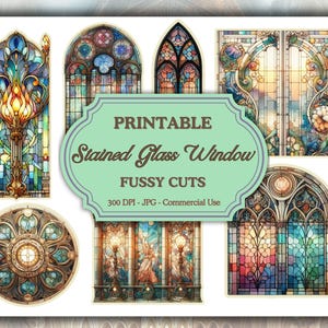 Stained Glass Window Fussy Cuts, Digital Download Printable JPG Sheets, Fussy Cut Pages, Ephemera, Scrapbooking Supply, Junk Journal Crafts