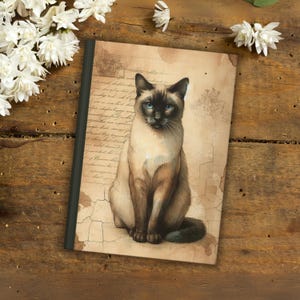 Diario de tapa dura, ilustración de gato siamés vintage, cuaderno de cartas antiguas, diario, cuaderno de bocetos, regalo para amantes de los gatos