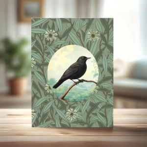 Paquet de 5 cartes de voeux et enveloppes fantaisie illustration d'oiseau noir, ensemble de papeterie florale shabby chic, cartes-cadeaux vierges oiseau de style vintage