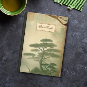 Vintage-Inspired Notebook with East Asian Tree Illustration - &#39;Notes & Thoughts&#39; Lined Journal for Writing and Reflection, Aged Aesthetic