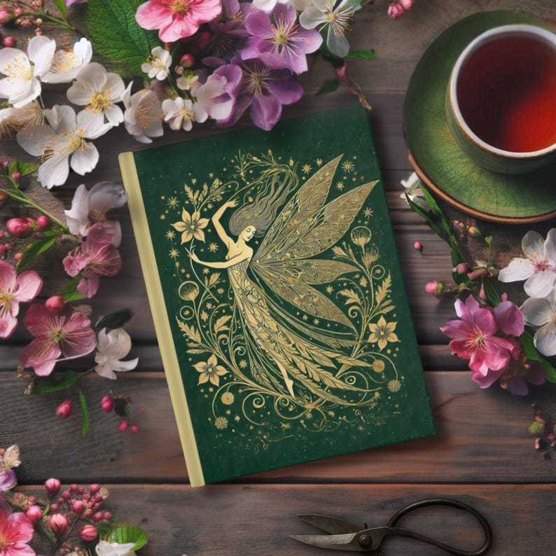 Green Gold Vintage Style Art Nouveau Aesthetic Notebook, Whimsical Floral Ethereal Fairy Stars Planner Diary, Lined Hardcover Journal Gift