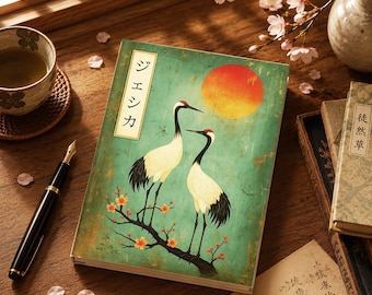 May include: A journal with a vintage aesthetic, featuring a crane illustration with a red sun and cherry blossom branch. The cover has Japanese text and a teal background. A black fountain pen and a cup of tea are nearby.