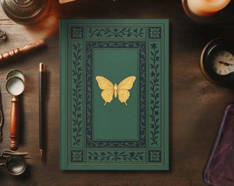 Vintage Butterfly Notebook, Victorian-Inspired Lined Journal, Elegant Green Hardcover Gold Details, Antique Aesthetic Writers Dreamers Gift