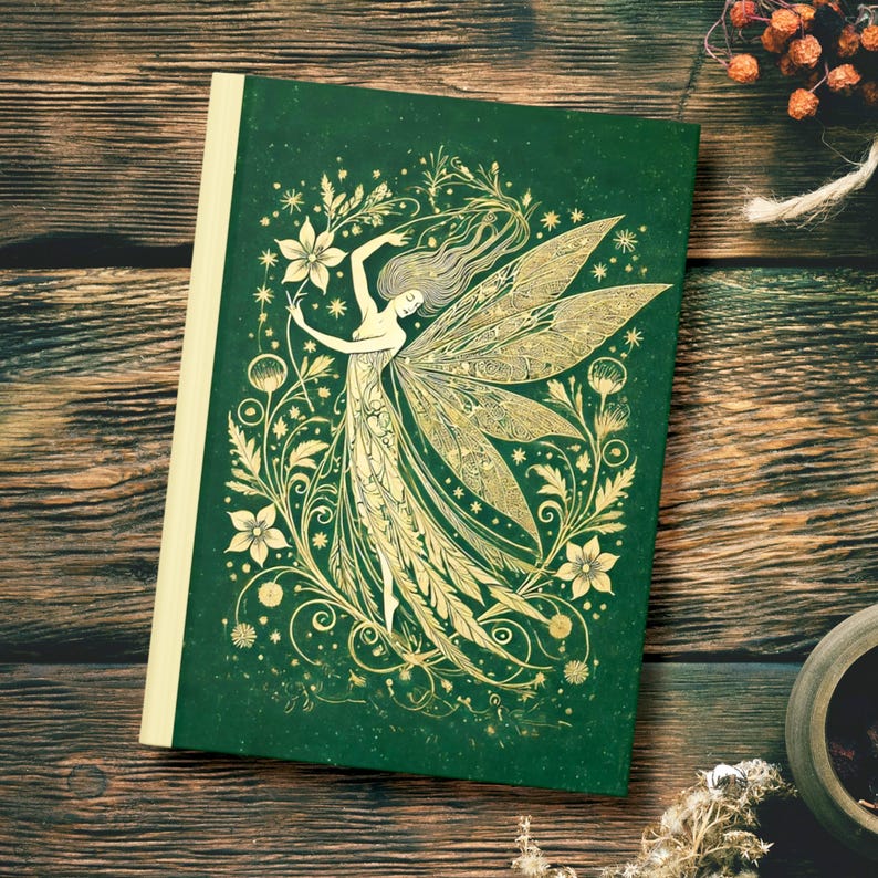Green Gold Vintage Style Art Nouveau Aesthetic Notebook, Whimsical Floral Ethereal Fairy Stars Planner Diary, Lined Hardcover Journal Gift