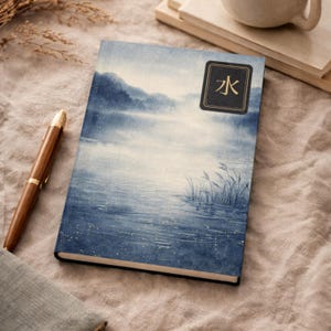 May include: A hardback journal with a tranquil blue watercolour landscape design. The cover has a black square with gold Japanese characters. A wooden pen with gold accents lies beside the journal, suggesting a writing theme.