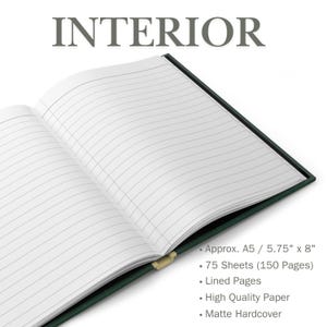 May include: Interior of a green hardcover notebook with lined pages. The notebook is approximately A5 size, or 5.75 inches by 8 inches, and contains 75 sheets (150 pages). The notebook is made with high quality paper.