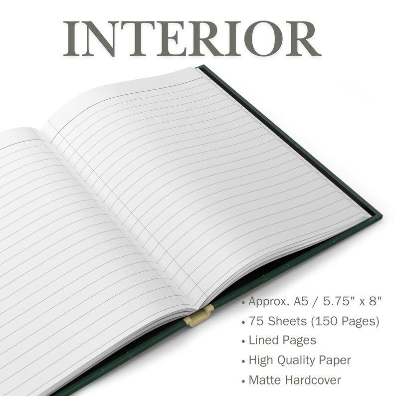 May include: Interior of a green hardcover notebook with lined pages. The notebook is approximately A5 size, or 5.75 inches by 8 inches, and contains 75 sheets (150 pages). The notebook is made with high quality paper.