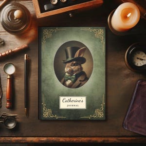 Personalized Aristocratic Rabbit Hardcover Journal, Vintage Victorian Notebook, Ornate Retro Planner, Cute Rabbit Top Hat, Rabbit Lover Gift