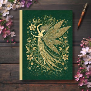 Green Gold Dot Grid Notebook 8.5&quot; x 11” – Vintage Fairycore Bullet Journal, Art Nouveau Floral Stars Sketchbook, Gift for Journal Lovers