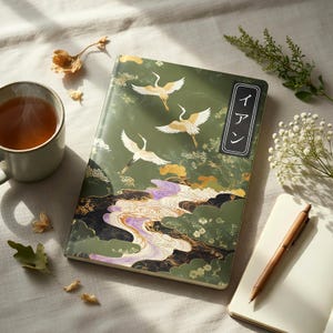 May include: A rectangular notebook with a dark green cover featuring white and gold crane illustrations, flowing purple and gold abstract patterns, and a black vertical label with the Japanese text "イアン". The notebook is placed near a cup of tea.
