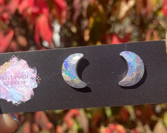 Crescent Moon Stud Earrings Holographic Iridescent Celestial Rainbow Festival