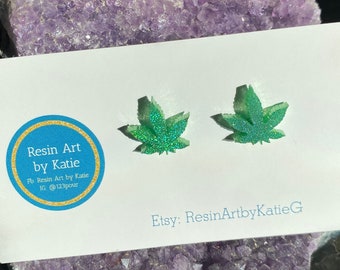 Holographic Weed Stud Earrings Marijuana Festival boho Handmade Unique Stoner Gift