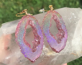 Rose Gold Holographic Geode Earrings/Agate Geo Druzy Lightweight Statement Dangle Iridescent Rainbow Sparkle Handmade Unique Boho Festival