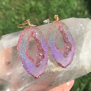 Rose Gold Holographic Geode Earrings/Agate Geo Druzy Lightweight Statement Dangle Iridescent Rainbow Sparkle Handmade Unique Boho Festival