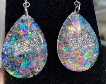 Opal Teardrop Holographic Geode Earrings/Agate Geo Druzy Lightweight Statement Dangle Iridescent Rainbow Sparkle Handmade Unique Festival