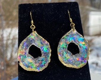 Faux Opal Round Inspired Holographic Geode Earrings/Agate Geo Druzy Lightweight Statement Dangle Iridescent Sparkle Handmade Boho Festival