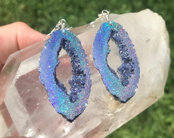 Resin Geode/Agate Earrings- Holographic Silver/Purple