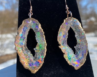 Faux Opal Inspired Holographic Geode Earrings/Agate Geo Druzy Lightweight Statement Dangle Iridescent Sparkle Handmade Unique Boho Festival