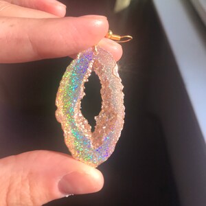 Gold Holographic Geode Earrings/Agate Geo Druzy Lightweight Statement Dangle Iridescent Rainbow Sparkle Handmade Unique Boho Festival image 3