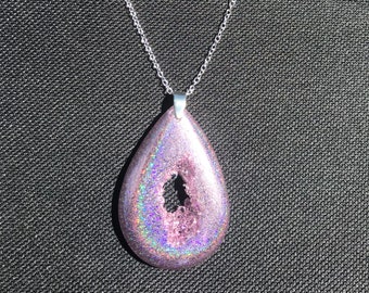 Holographic Teardrop Geode PendantAgate Geo Druzy Statement Jewelry/Iridescent Intense Rainbow Sparkle/Unique Festival Boho Handmade Resin