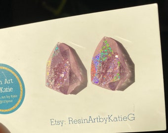 Holographic Gem Studs Holographic Geode Earrings/Agate Geo Druzy Iridescent Rainbow Sparkle Handmade Unique Boho Festival