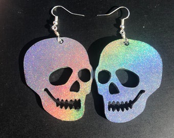 Silver Holographic Skull Earrings Festival Unique Handmade Iridescent Rainbow Halloween