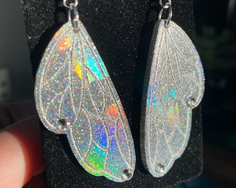 Butterfly/Fairy Wing Earrings Boho Mystical Festival Iridescent Rainbow Unique Handmade Statement Bejeweled Holographic Silver