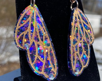 Butterfly/Fairy Wing Earrings Boho Mystical Festival Iridescent Rainbow Unique Handmade Statement Holographic-Pink/Purple/Blue Colorshift