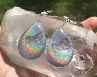 Silver Teardrop Holographic Geode Earrings/Agate Geo Druzy Lightweight Statement Dangle Iridescent Rainbow Sparkle Handmade Unique  Festival