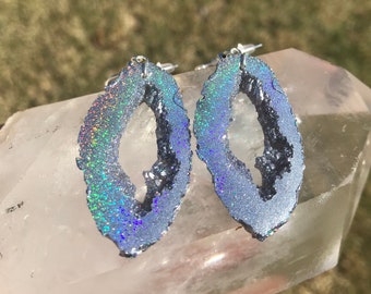 Silver Holographic Geode Earrings/Agate Geo Druzy Lightweight Statement Dangle Iridescent Rainbow Sparkle Handmade Unique Boho Festival
