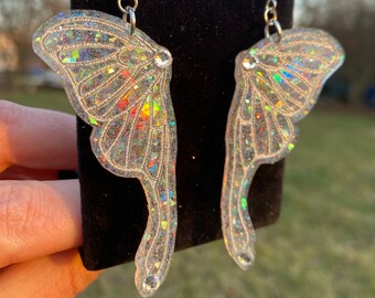 Moth/Fairy Wing Earrings Boho Mystical Festival Iridescent Rainbow Unique Handmade Statement Bejeweled Holographic-Opalescent