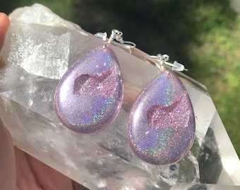 Pink Holographic Teardrop Geode Earrings Agate Druzy Lightweight Statement Dangle Iridescent Rainbow Sparkle Handmade Unique Boho Festival