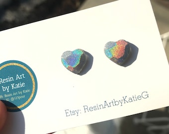 Holographic Heart Stud Earrings/Intense Rainbow Sparkle Iridescent