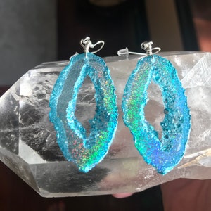 Blue Teal Holographic Geode Earrings/Agate Geo Druzy Lightweight Statement Dangle Iridescent Rainbow Sparkle Handmade Unique Boho Festival