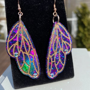 Butterfly/Fairy Wing Earrings Boho Mystical Festival Iridescent Rainbow Unique Handmade Statement Holographic-Pink/Blue Colorshift