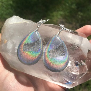 Silver Teardrop Holographic Geode Earrings/Agate Geo Druzy Lightweight Statement Dangle Iridescent Rainbow Sparkle Handmade Unique  Festival