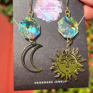 Celestial Suncatcher Earrings: Gold Sun & Moon, Aura Crystal, Hypoallergenic