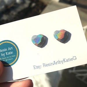 Holographic Heart Stud Earrings/Intense Rainbow Sparkle Iridescent