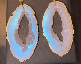 Moonstone Inspired Geode Earrings/Unique Statement Boho Festival Lightweight Gemstone  Handmade Resin