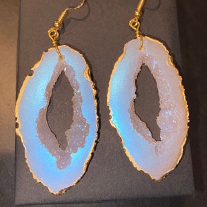 Moonstone Inspired Geode Earrings/Unique Statement Boho Festival Lightweight Gemstone  Handmade Resin